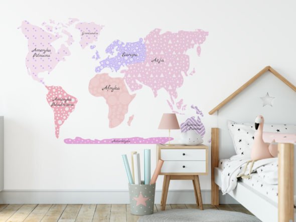 Mapa świata naklejka na ścianę różowa