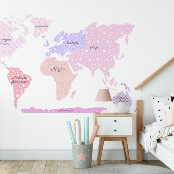Mapa świata naklejka na ścianę różowa